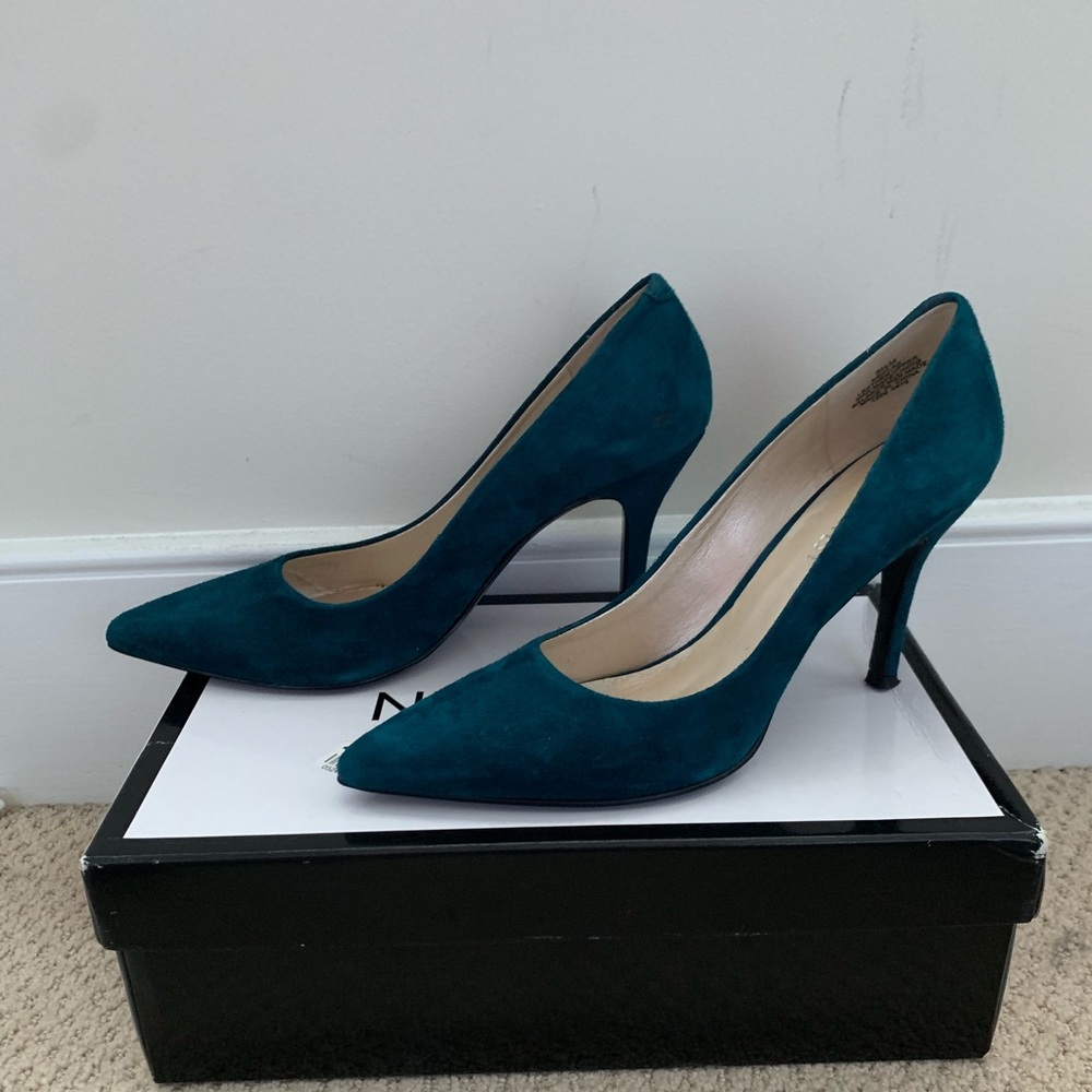 Blue green suede heels